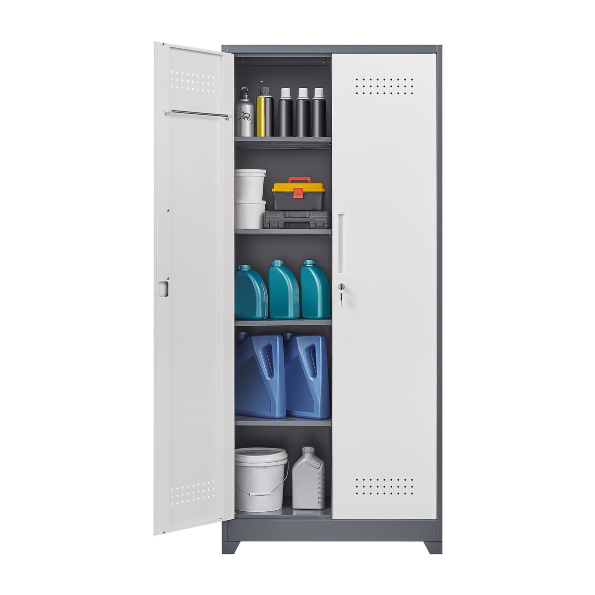 Lockers With Locking Doors, Adjustable Shelves, High Broom Tool Storage Cabinet