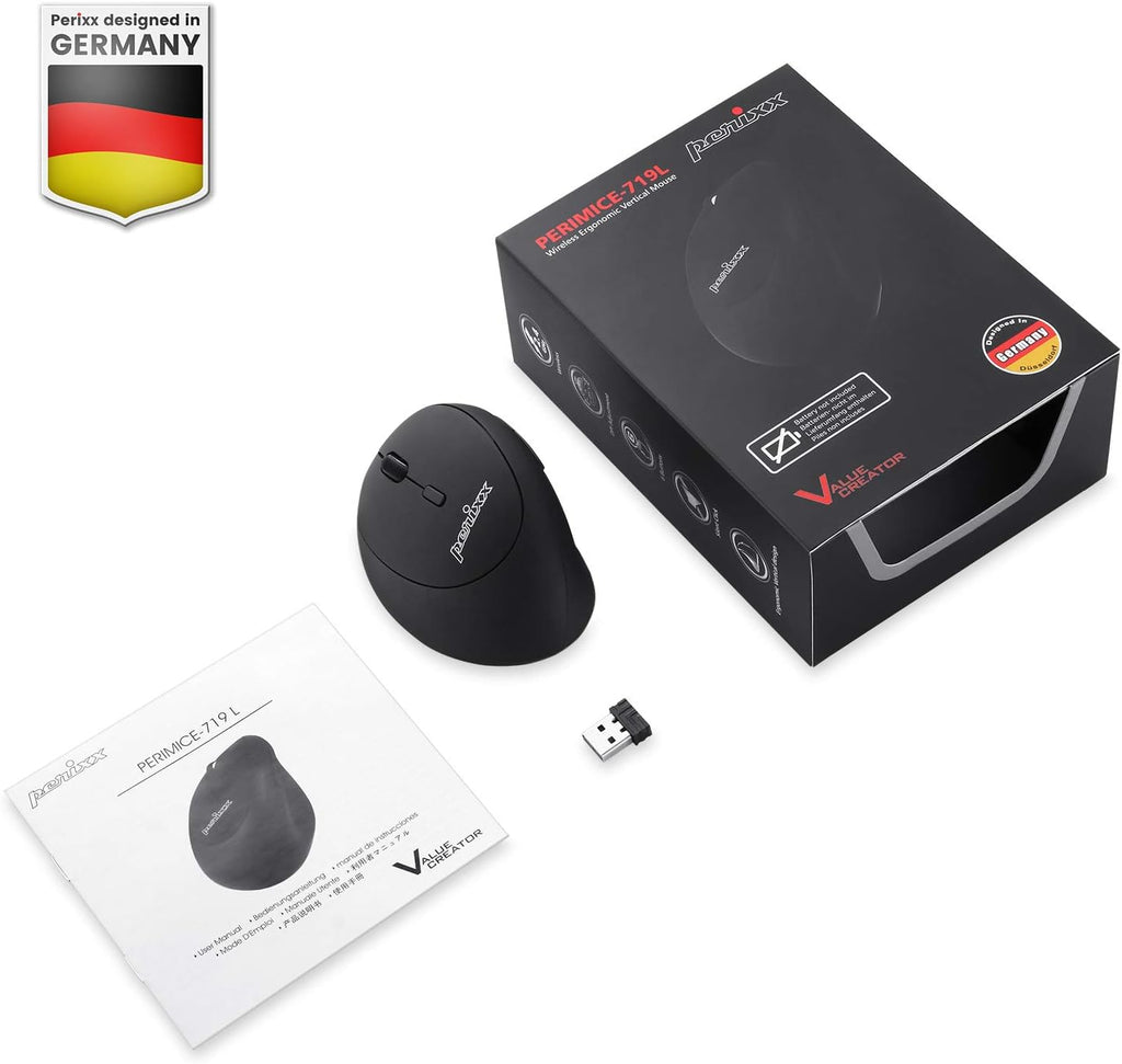 Perimice-719L, Left Handed Wireless Vertical Mouse, Portable Size for Laptops Computer, 3 Level DPI