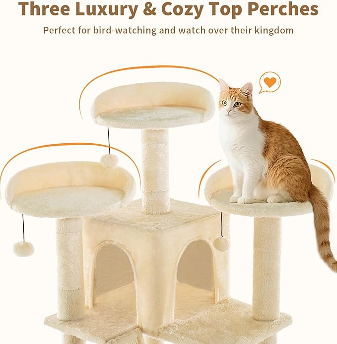 Made4Pets Tall Cat Tree, 80" Cat Tree Tower for Indoor Cats Large Adult, Modern Cat Tower with Scratching Post, Cozy Hammock, 3 Perches and 2 Condos, Sturdy and Fluffy, Beige