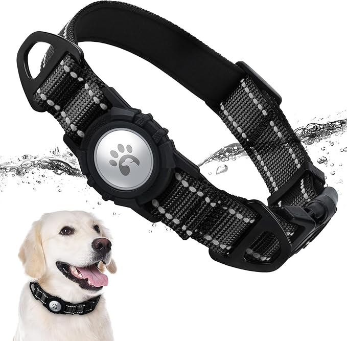 TagME Airtag Dog Collar,Waterproof Reflective Pet Collar with Airtag Holder,Soft Padded and Double D-Rings for Large Dogs,Black
