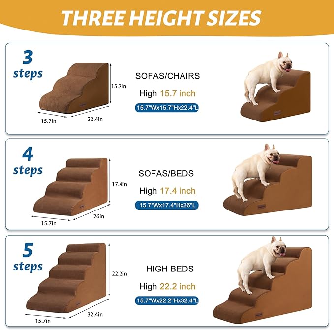 5-Step Dog Stairs and Ramp for High Bed,Non-Slip Sturdy Pet Steps for Small Dogs and Cats,22.2" H,Brown