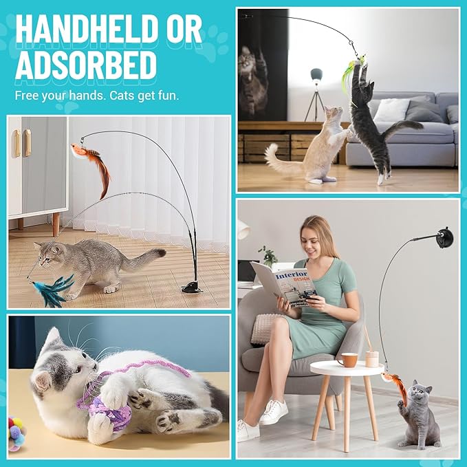 ROSAUI 11-Pack Cat Toy Set with Suction Cup Base and Wire Teasers – Interactive Bird and Feather Attachments with Yarn Balls for Cats and Kittens – Indoor Cat Fun and Exercise