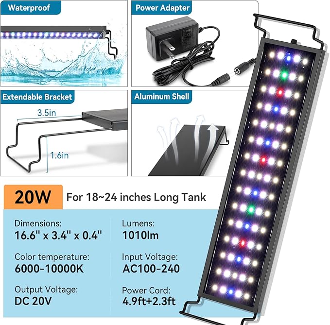 hygger Aquarium LED Light Fish Tank Full Spectrum Lighting with 24/7 Day-Night Cycle Mode & Auto On/Off Timer, Adjustable Brightness, 7 Colors Options, Extendable Bracket for 18~24inch