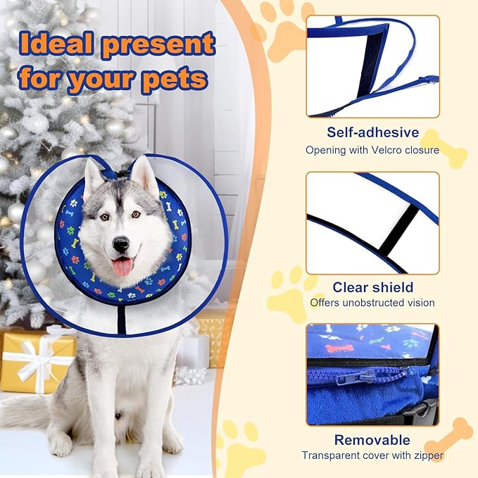 Dog Cone Collar with Enhanced Anti-Licking, Inflatable Dog Cone After Surgery, Adjustable Size with Soft Padding for Small Medium Large Dogs - Blue/L