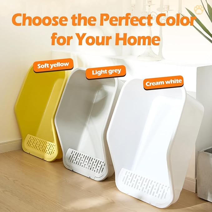 SpaceTime Large Cat Litter Box with High Sides,Cat Boxes for Indoor Cats,Cat Litter Pan for Kitty,Litter Box with Low Entry,Easy to Clean,Anti-Splashing(White-Yellow)