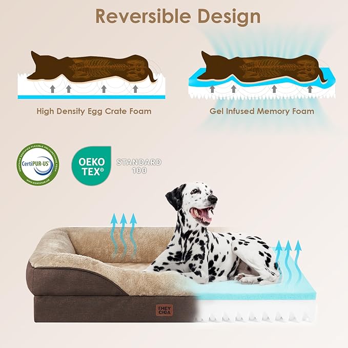 EHEYCIGA Memory Foam XL Dog Bed for XLarge Sized, Extra Large Orthopedic Dog Sofa with Sides and Waterproof Liner, Washable Bolster Pet Couch with Removable Cover, 48x35x7.5 Inch, Brown