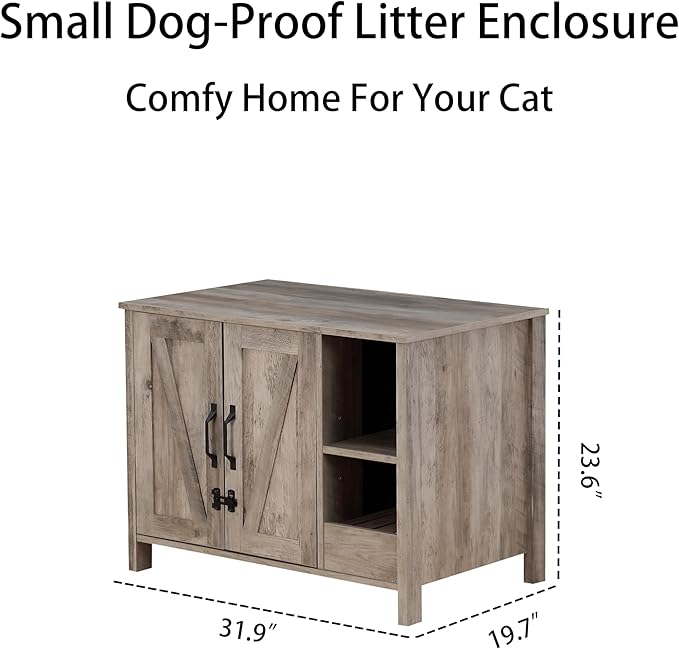 31.9'' Small Cat Litter Enclosure,Adjustable Shelf for Dog Proof and Storage,Locks Added for cat,Cat Litter Collector,Small Indoor Cat House,Grey