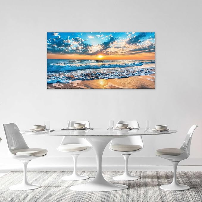 Large Beach Wall Art for Living Room Beach Sunset Ocean Waves Art Big Space Size Framed Canvas Prints Blue Pictures Painting Artwork Office Bedroom Home Decor 60"x30"