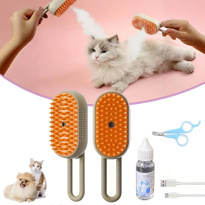 Brown+Essence 3 in 1 Steamy Pet Brush - Spritz Defur Comb for Cats & Dogs Grooming Tool (Brown+Essence)