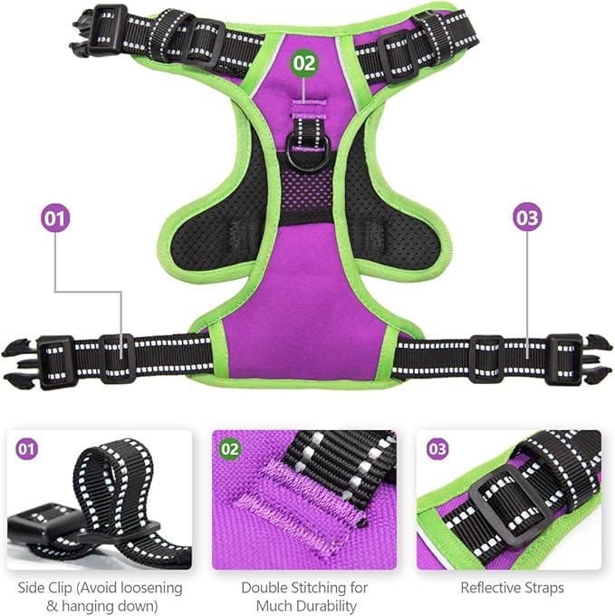 PHOEPET 2019 Upgraded No Pull Dog Harness, Reflective Adjustable Vest, with a Training Handle + 2 Metal Leash Hooks+ 3 Snap Buckles +4 Slide Buckles(L, Purple)