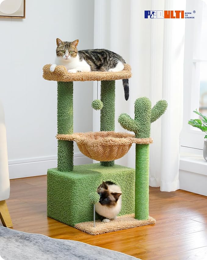 PEQULTI 4-in-1 Cactus Cat Tree, 33'' Cat Tower for Indoor Cats with Large Condo, Cat Scratching Post for Cats with Deep Hammock& Cozy Top Perch,Green