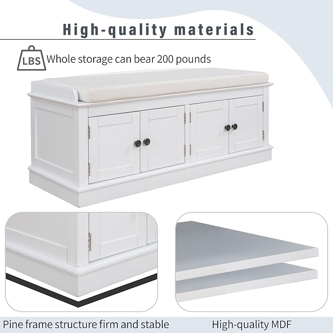 Storage Bench with 4 Doors and Adjustable Shelves, Shoe Bench with Removable Cushion for Living Room, Entryway 42.7" L x 16" W x 17.4" H (White)