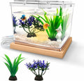 Mini Betta Fish Tank Kit with LED Light Base, Small Fish Bowl for Temporary Space, 0.2 Gallon Stackable Cube Tank with Artificial Plants for Small Fish, Insect, Shrimp, Crab, Spider (Kit-2)
