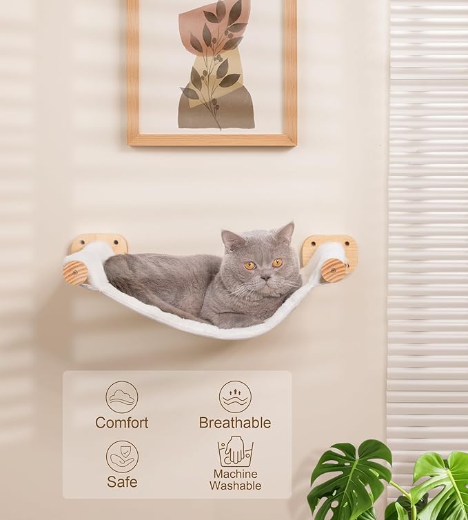 Cat Wall Hammock Shelves, Dual-Sided Cat Bed with Canvas & Plush Fabric, Wall Mounted Shelf for Large Cats, Space-Saving Perch for Lounging & Napping