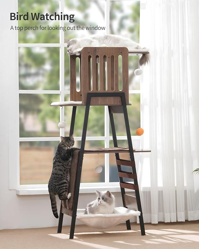 FourFurPets Modern Cat Tree, 58-Inch Cat Tower for Large Cats, Maine Coon Cat Tree with Scratching Board, Large Perch, Hammock and Removable Pads, Greige