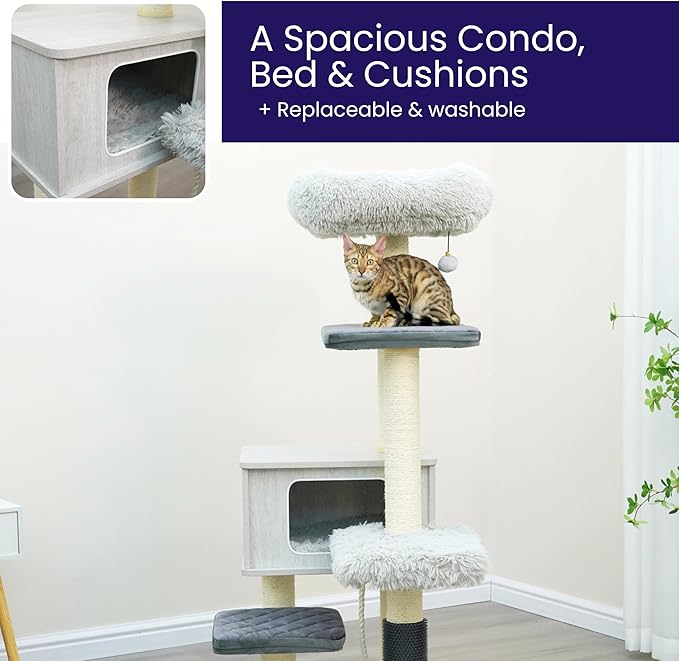 Catry Kasio 6 Level 54" High Modern Cat Tree with Laminated Wood Condo,Replaceable Scratching Posts,Removeable Washable Beds, Self Grooming Brush and Toys.(Light Gray)