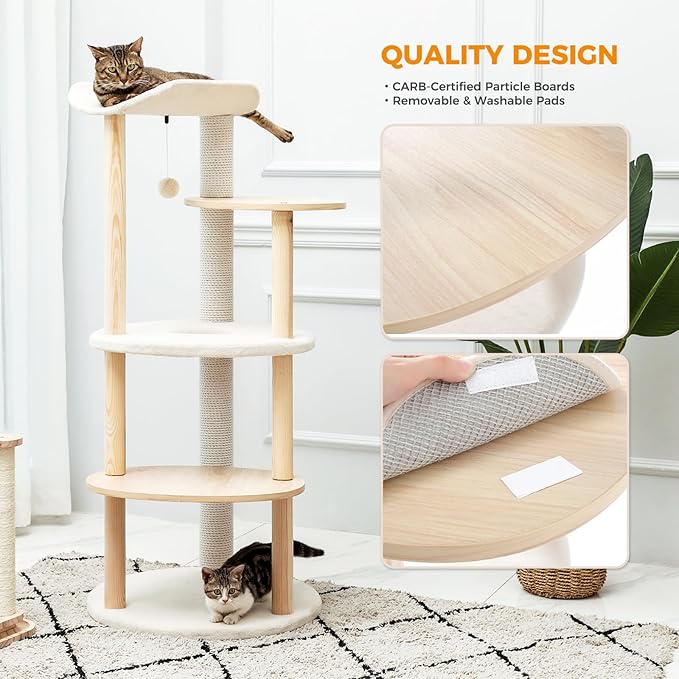 PETEPELA Wood Cat Tree Tower for Indoor Cats,5-Level Cat Climbing Tree Cat Play House with Sisal Scratching Posts Beige