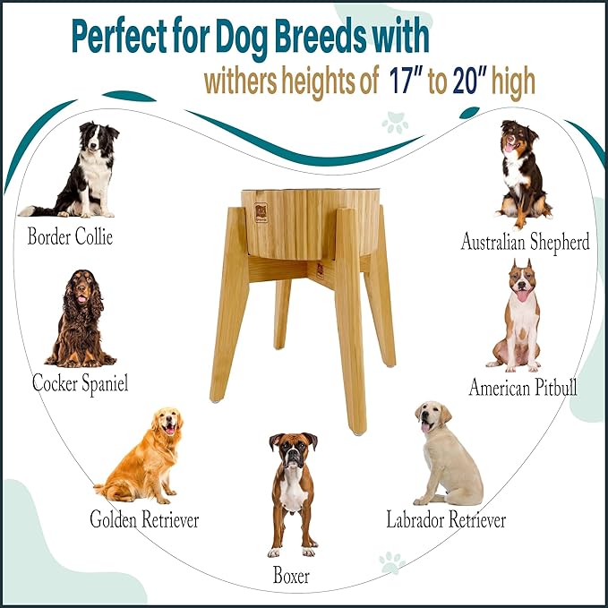 Slow Feeder Dog Bowls for Large Breed - Elevated, Raised 12-inch High - Bamboo Bowl with [60-oz Cap] Stainless Steel Inner Dish, Slow Feeding Insert Pad and Single Stand