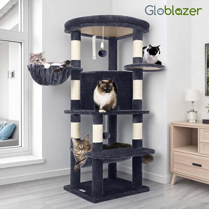 Globlazer Corner Cat Tree Tower for Indoor Cats, 51in Multi-Level Cat Condo Tower with Large Hammock, 7 Sisal Scratching Posts, Oversized Top Perch, Spacious Cat Cave, Hanging Basket, C51, Dark Grey