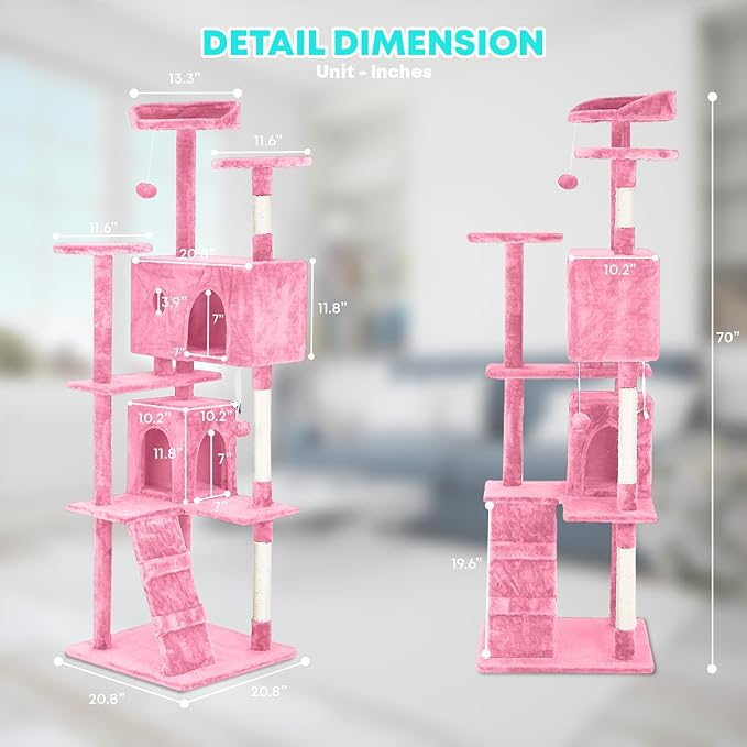 FDW Cat Tree 70in Cat Tower Multi-Level Durable Cat Scratching Post & Cozy Fun Cat Jumping Platform Space Saving Cat Condo Pet Play House for Indoor Cats,Pink