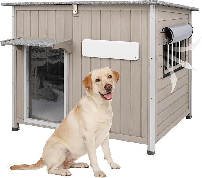Dog House Outdoor Weatherproof & Wooden Dog Kennel with Chew-Proof Iron Frame，Removable Floor, Adjustable Vent Window, Easy Assembly for Large and Medium Dogs 43.3" D x 29.5" W x 33.5" H