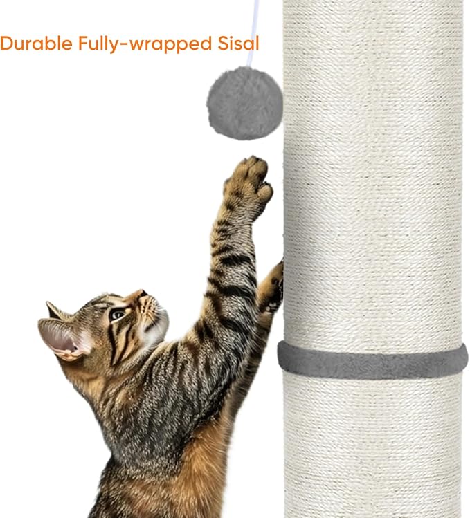 PAWSCRAT Cat Scratching Post 32" Tall, Large Diameter Natural Sisal Cat Scratch Post with Dangling Ball, Scratch-Resistant and Durable for Indoor Cats, Protect Your Furniture, LightGrey