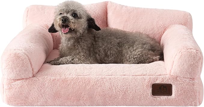 Hollypet Fluffy Plush Pet Cat Couch Soft Calming Pet Sofa Beds for Medium Small Cats and Dogs, Pink