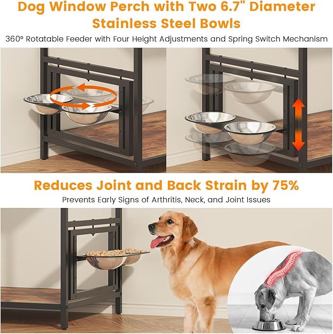 Dog Window Perch with 360° & Adjustable Raised Feeder, Pet Bunk Bed with Removable Stair and 2 Drawers, Elevated Platform Bed, Pet Elevated Seat with Cushion, Paw-Friendly Ladder