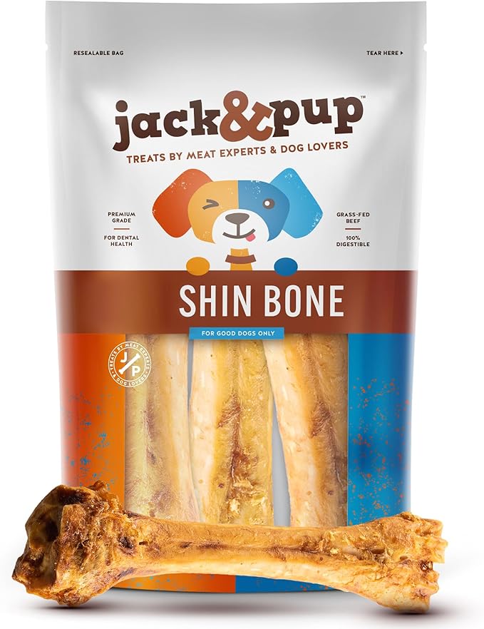 Jack&Pup 8-11” Shin Bones, Roasted Meaty Beef Bone for Dogs – Long Lasting Natural Dog Bones, Big Dog Bone for Large Dogs (3 Pack)