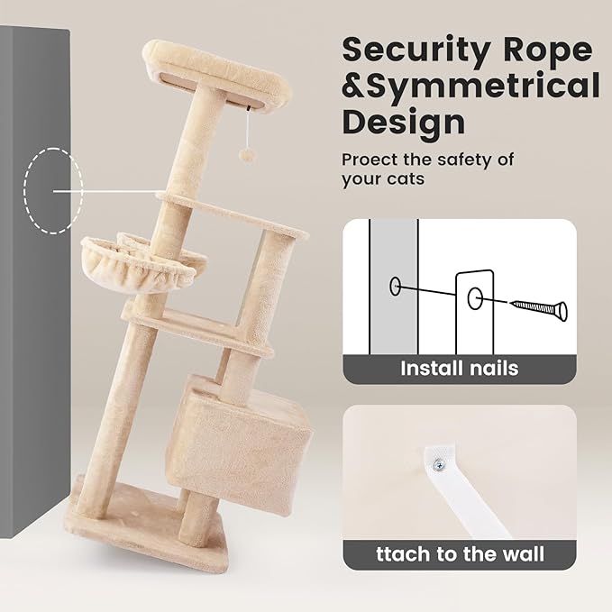 Gardner Pet 65in Heavy Duty Cat Tree Tower for Large Cats, Multi-Level Cat Furniture with Replaceable Sisal Scratching Post, Hammock | Extra-Large Platform & Condo (Upgraded Beige)