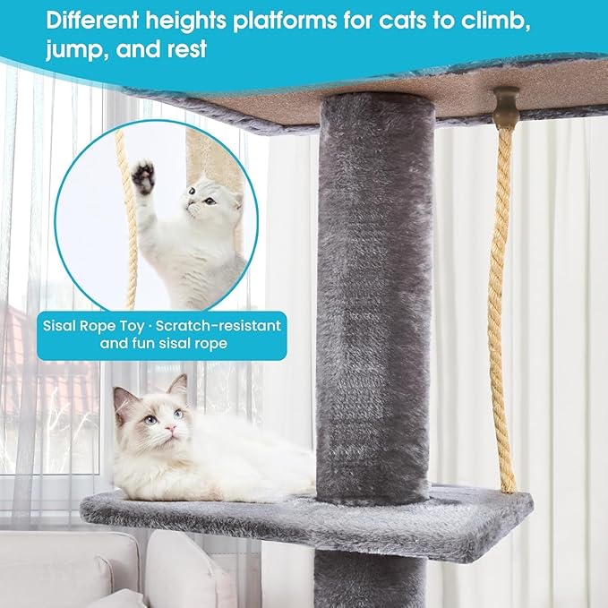 Cat Tree 5-Tier Floor to Ceiling, 89-109 Inch Adjustable Height Cat Tower with Cozy Hammock, Cat Climbing Tree for Indoor Cats, Darkgrey