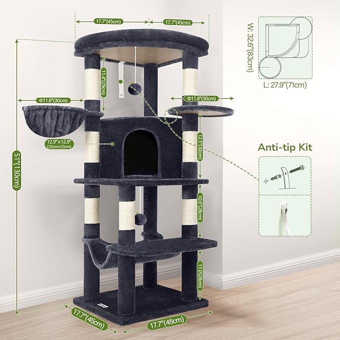 Globlazer Corner Cat Tree Tower for Indoor Cats, 51in Multi-Level Cat Condo Tower with Large Hammock, 7 Sisal Scratching Posts, Oversized Top Perch, Spacious Cat Cave, Hanging Basket, C51, Dark Grey