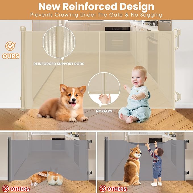 Reinforced Retractable Baby Gate or Mesh Dog Gate,Easy to Use for Stairs, Doorways, Hallways, Indoor, Outdoor, Wide Pet Gate 33.5" Tall, Extends to 45" Wide, Cream