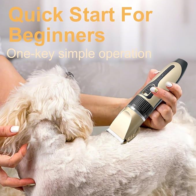 Dog Pet Grooming Kit Low Noise - Cordless Rechargeable Clippers for Dogs/Cats - Upgraded Accessory Version with Two Scissors and a Storage Bag (Gold)