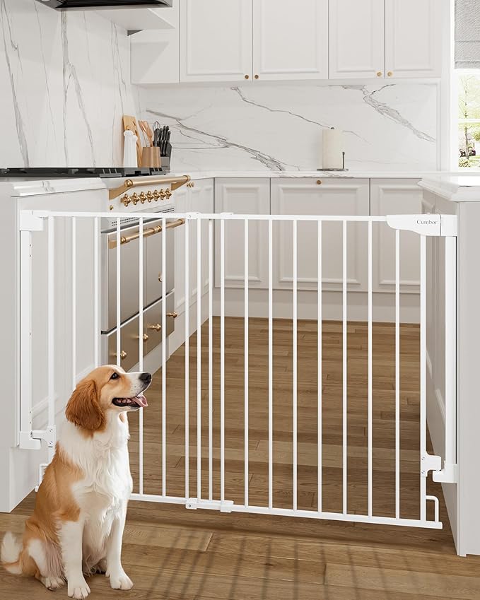 Cumbor 34" Extra Tall No Bottom Bar Baby Gate for Stairs, Auto Close Dog Gate Indoor for Larger Pets, 31.6-48" Hardware Mounted Safety Gate for Doorways, Wide Walk Thru Door for Easy Access (White)