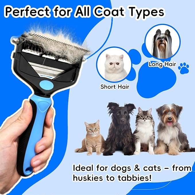 3-in-1 Pet Deshedding Tool – Grooming Brush for Dogs & Cats with Undercoat Rake & Dematting Comb (Blue)