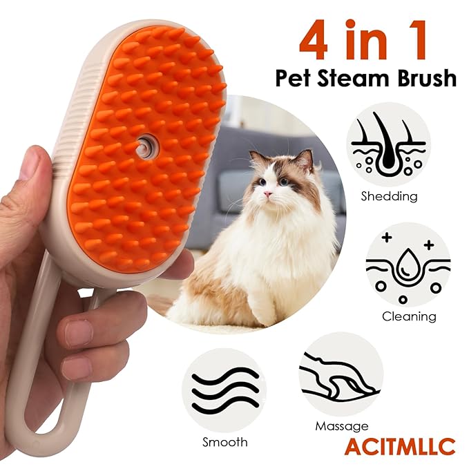 4 in 1 Cat Steam Brush for Shedding, Cleaning, Massage & Smooth, USB Rechargeable Pet Spray Hair Removal Comb, for Indoor Long/Short Haired Cats & Dogs (White)