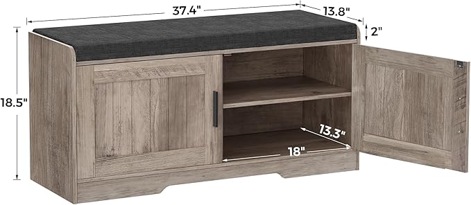 2-Tier Storage Bench, Shoe Bench with Thickened Padded Seat Cushion, Entryway Bench with 2 Doors, Adjustable Shelf, 13.8" D x 37.4" W x 18.5" H, for Entryway, Living Room, Bedroom, Greige