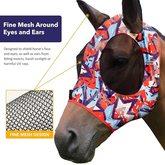 Harrison Howard Super Comfort Stretchy Fly Mask Large Eye Space with UV Protection Soft on Skin with Breathability Orange Geo Print M Cob