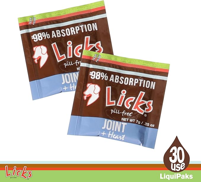 Licks Pill-Free Dog Joint and Heart - Glucosamine & Omega 3 Fish Oil Supplement for Dogs - Inflammation Supplements for Joint Support - Gel Packets - 30 Use