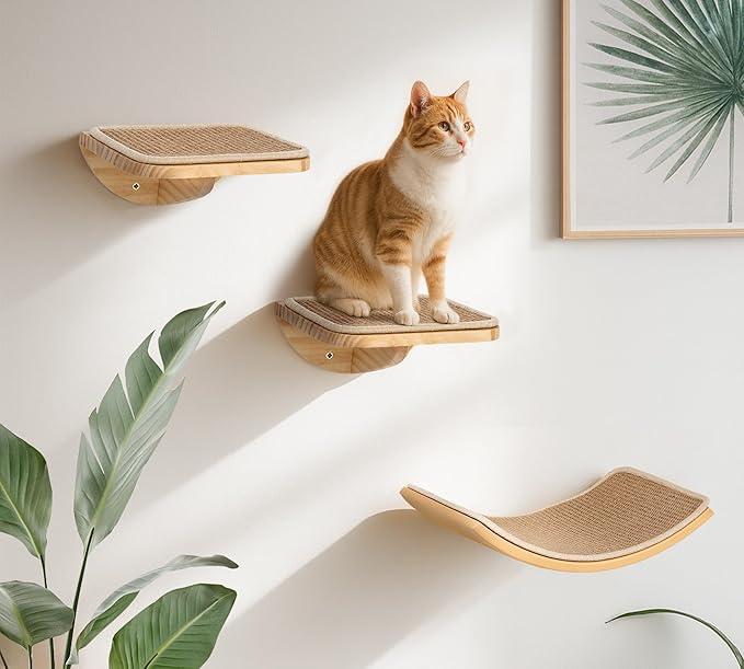 Curved Cat Wall Hammock with Scratchable Sisal Pad, Large Floating Cat Shelf for Wall, Wall Mounted Beige Bed for Playing, Climbing, and Sleeping