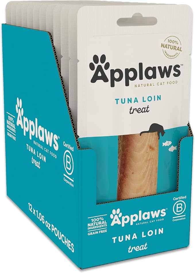 Applaws Natural Cat Treats, Grain-Free, High-Protein Whole Tuna Loins, Single-Ingredient Healthy Snack for Cats (12 x 1.06 oz Loins)
