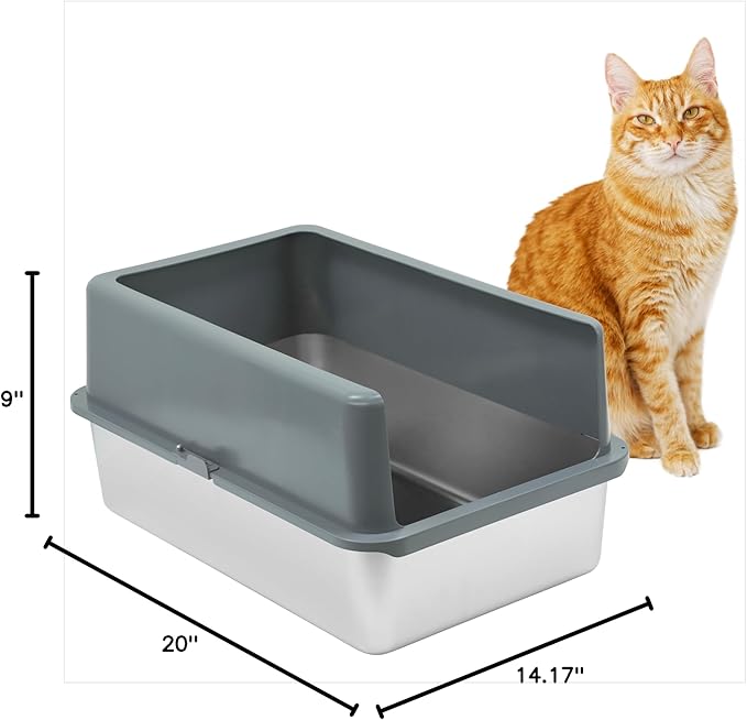 iPrimio - Stainless Steel Enclosed Litter Box for Cats - Easy to Clean - Includes High-Sided Litter Box, Scooper for Extra Scatter Protection - Medium Size for Big Cats - 20 x 14.2 x 6 in