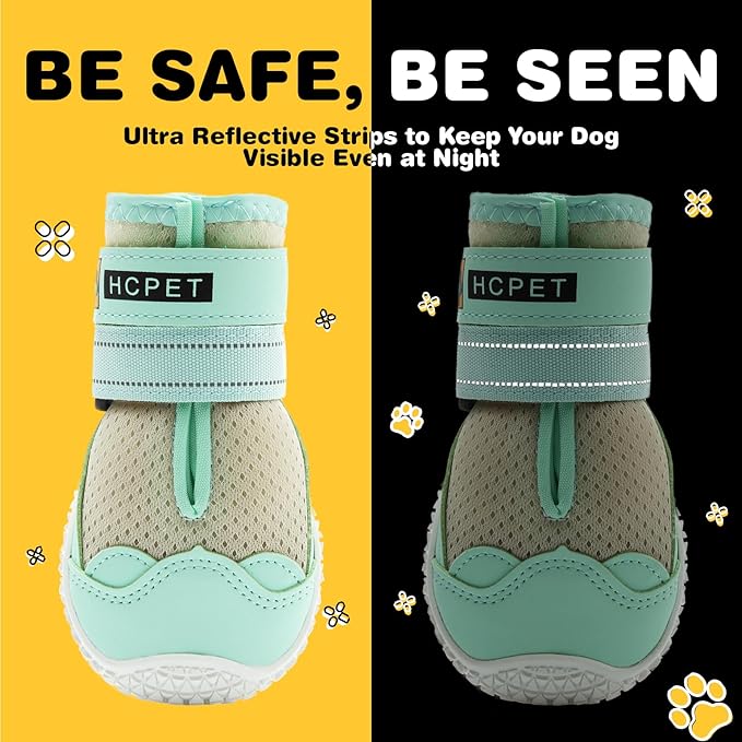 Hcpet Dog Shoes for Large Dogs, Breathable Dog Booties for Small Medium Dogs, Anti-Slip Dog Boots & Paw Protectors for Hot Pavement Winter Snow Hiking with Reflective Straps Green Size 2