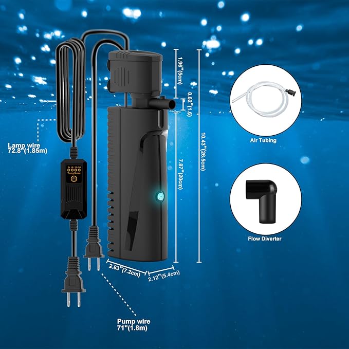 Fish Tank Filter with U - V Light & Timer (3/6/12/24 Hours) for Green Water Cleaning, Aquarium Filter with Aeration Turtle Tank Filter with Pre-Filter Sponge for Tanks 70-100 Gallon