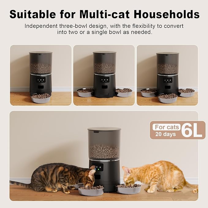 3-Cat Automatic Pet Feeder, 6L WiFi Cat Food Dispenser with APP Control, 1-10 Meal Programmable, Voice Recorder, Smart Alerts, Stainless Steel Bowls for Cats and Small Dogs (Black)