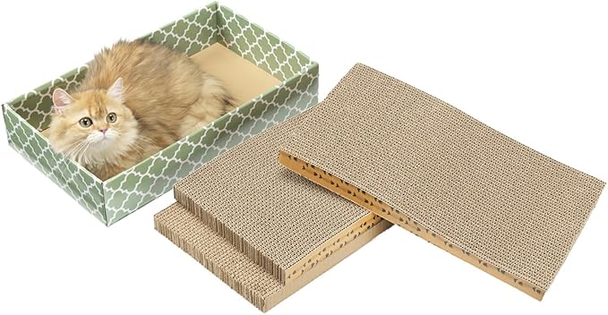 MECOOL Cat Scratching Board，3PC Scratch Pad with Box，Reversible Corrugated Scratcher Cardboard and Lounge Bed for Indoor Cats, Catnip