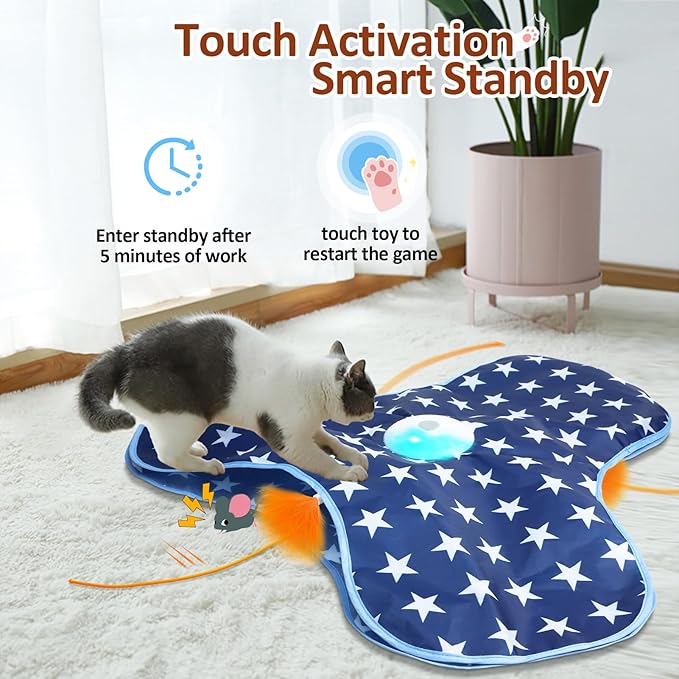 Interactive Cat Toy Rechargeable, Cat Exercise Toys for Indoor Bored Adult Cats, Hide and Seek Toy with Motion Activated, Moving Feather, Chirping