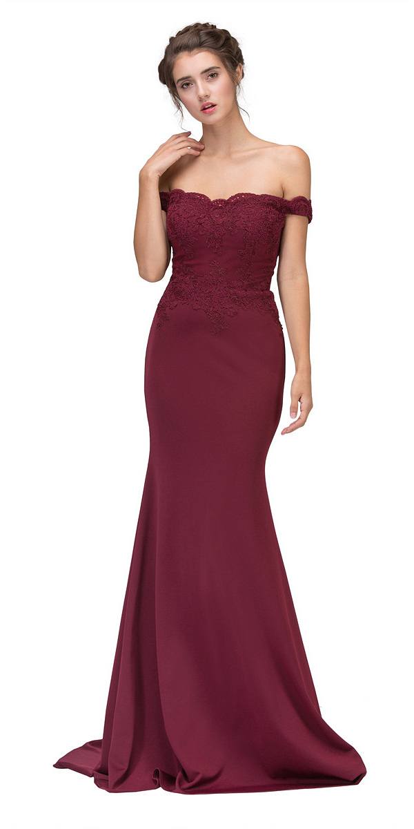 CLEARANCE - Eureka 7100 Lace Appliqued Bodice Long Dress Off-Shoulder (Size S)