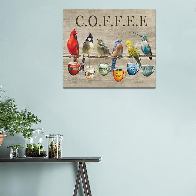 Rustic Bird Coffee Wall Art Kitchen Christ Coffee Pictures Wall Decor Farmhouse Cardinal Hummingbird Canvas Print Painting Artwork for Coffee Bar Living Room Bedroom 20"x24"
